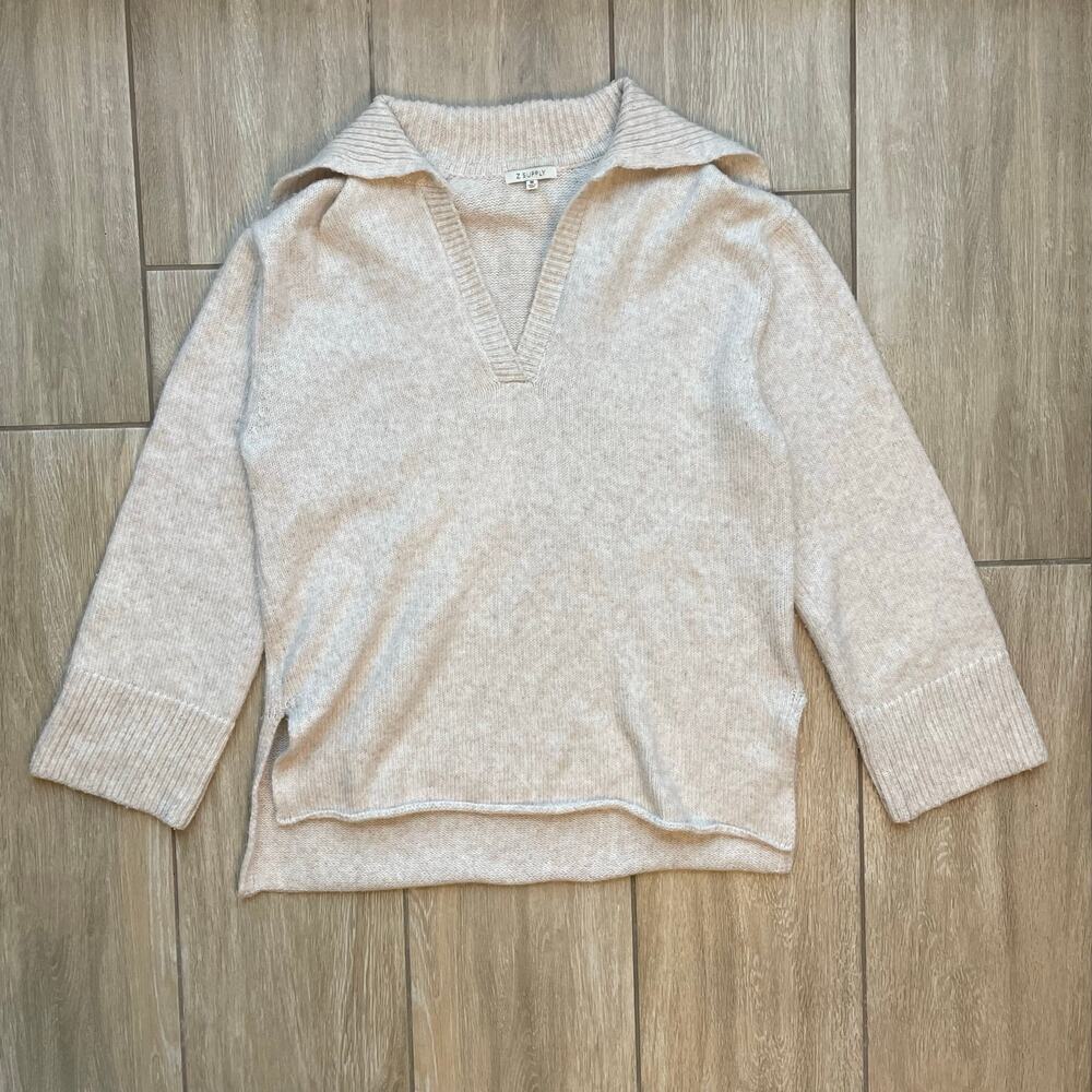 Z Supply Neutral Cream V-Neck Collar Sweater